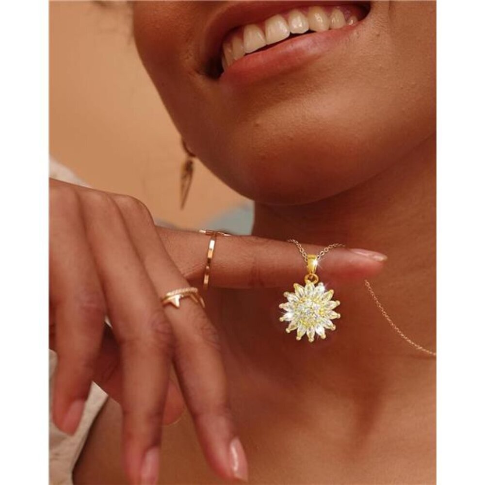 Rotatable Sunflower Necklace | Gold-Plated CZ Floral Pendant.